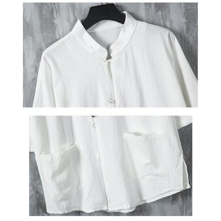 Koszula męska z lnianymi rękawami i kieszeniami w jednolitym kolorze z motywem Buddha Stones - image 4