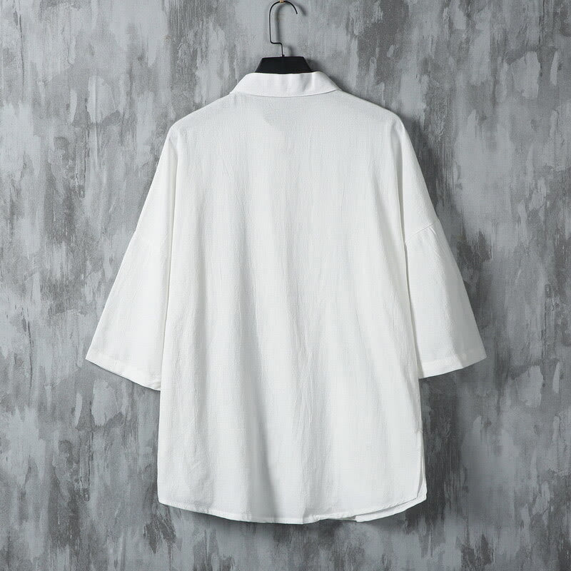 Koszula męska z lnianymi rękawami i kieszeniami w jednolitym kolorze z motywem Buddha Stones - image 3