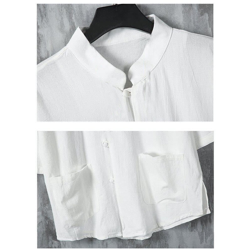 Koszula męska z lnianymi rękawami i kieszeniami w jednolitym kolorze z motywem Buddha Stones - image 5