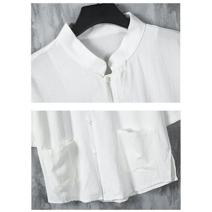 Koszula męska z lnianymi rękawami i kieszeniami w jednolitym kolorze z motywem Buddha Stones - image 5