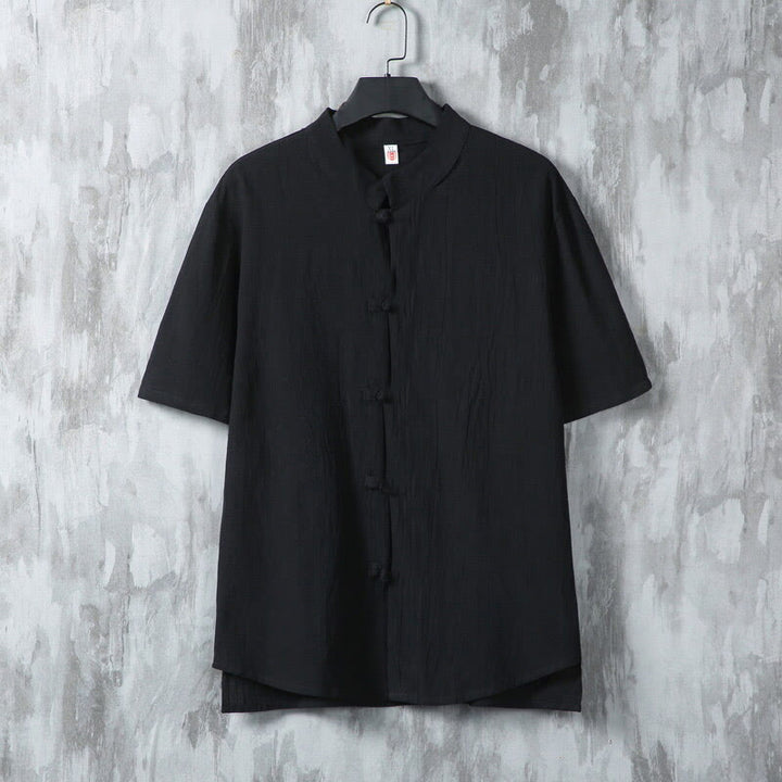 Koszula męska z krótkim rękawem z bawełny Buddha Stones Summer Plain Tang Suit z żabim guzikiem - Czarny - US/UK/AU46， EU56 (5XL) - image 7