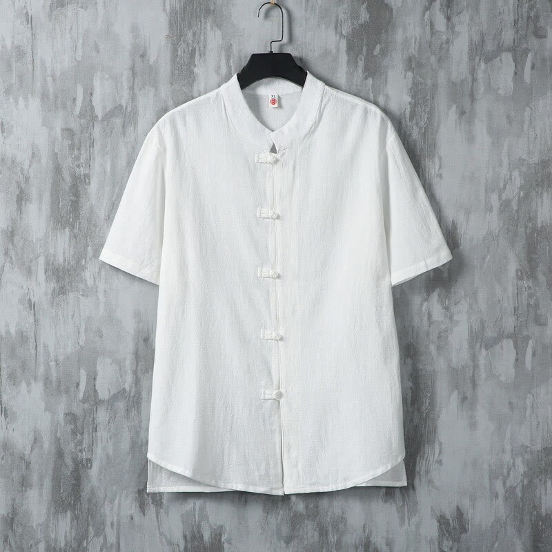 Koszula męska z krótkim rękawem z bawełny Buddha Stones Summer Plain Tang Suit z żabim guzikiem - Biały - US/UK/AU46， EU56 (5XL) - image 2