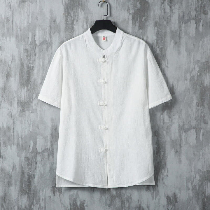 Koszula męska z krótkim rękawem z bawełny Buddha Stones Summer Plain Tang Suit z żabim guzikiem - Biały - US/UK/AU46， EU56 (5XL) - image 2