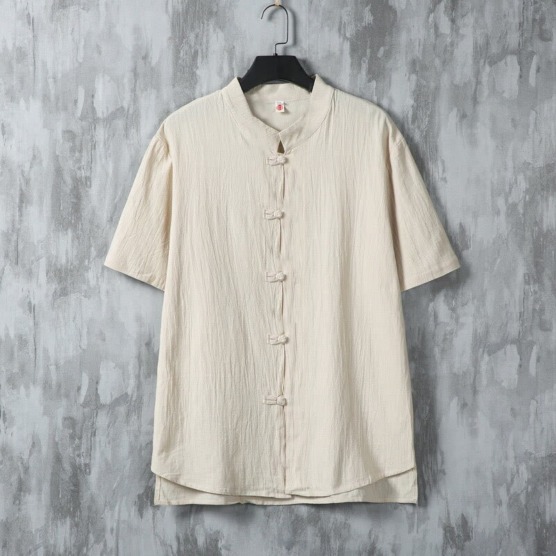Koszula męska z krótkim rękawem z bawełny Buddha Stones Summer Plain Tang Suit z żabim guzikiem - Bielizna - US/UK/AU46， EU56 (5XL) - image 0