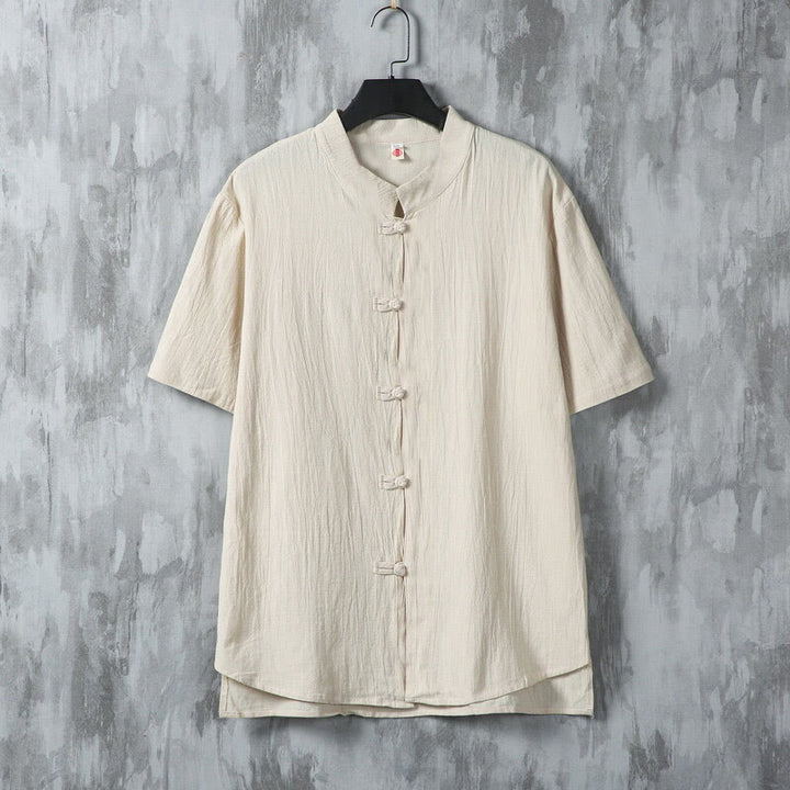 Koszula męska z krótkim rękawem z bawełny Buddha Stones Summer Plain Tang Suit z żabim guzikiem - Bielizna - US/UK/AU46， EU56 (5XL) - image 0
