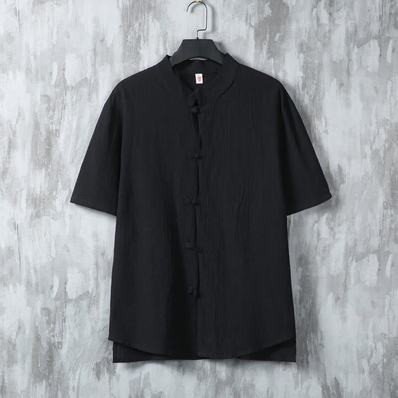 Koszula męska z krótkim rękawem z bawełny Buddha Stones Summer Plain Tang Suit z żabim guzikiem - Czarny - US/UK/AU46， EU56 (5XL) - image 7