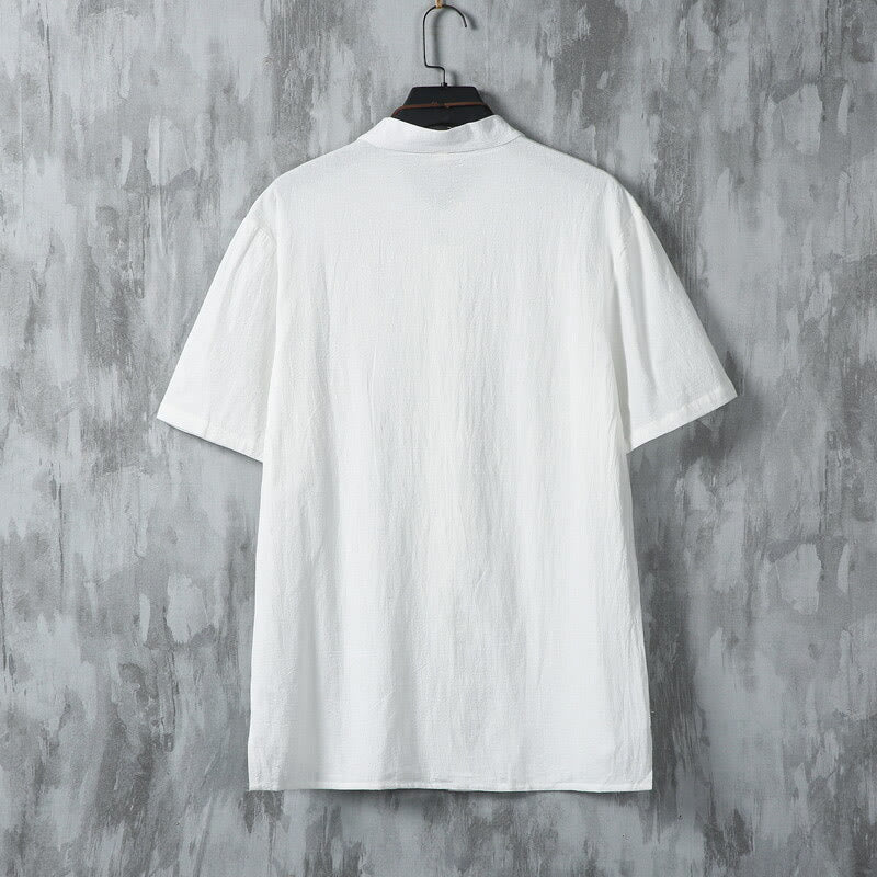 Koszula męska z krótkim rękawem z bawełny Buddha Stones Summer Plain Tang Suit z żabim guzikiem - image 3