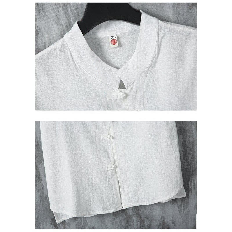 Koszula męska z krótkim rękawem z bawełny Buddha Stones Summer Plain Tang Suit z żabim guzikiem - image 4