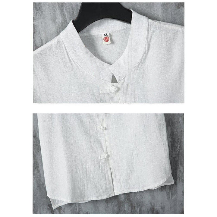 Koszula męska z krótkim rękawem z bawełny Buddha Stones Summer Plain Tang Suit z żabim guzikiem - image 4