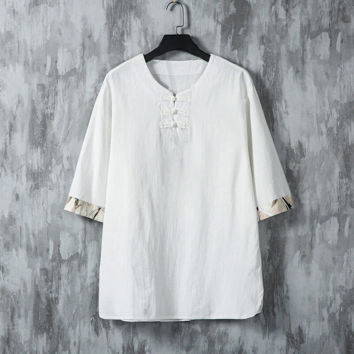 Koszula męska z lnianego materiału Buddha Stones Summer Frog-Button Yellow Bamboo Leaves Half Sleeve - Biały - US/UK/AU46， EU56 (5XL) - image 1