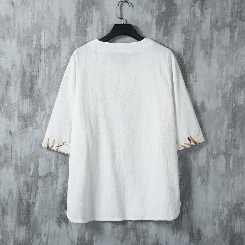 Koszula męska z lnianego materiału Buddha Stones Summer Frog-Button Yellow Bamboo Leaves Half Sleeve - image 2