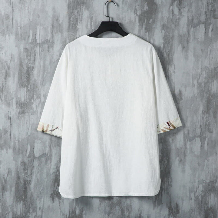 Koszula męska z lnianego materiału Buddha Stones Summer Frog-Button Yellow Bamboo Leaves Half Sleeve - image 2