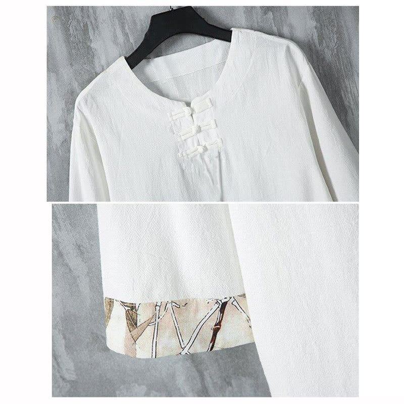 Koszula męska z lnianego materiału Buddha Stones Summer Frog-Button Yellow Bamboo Leaves Half Sleeve - image 4