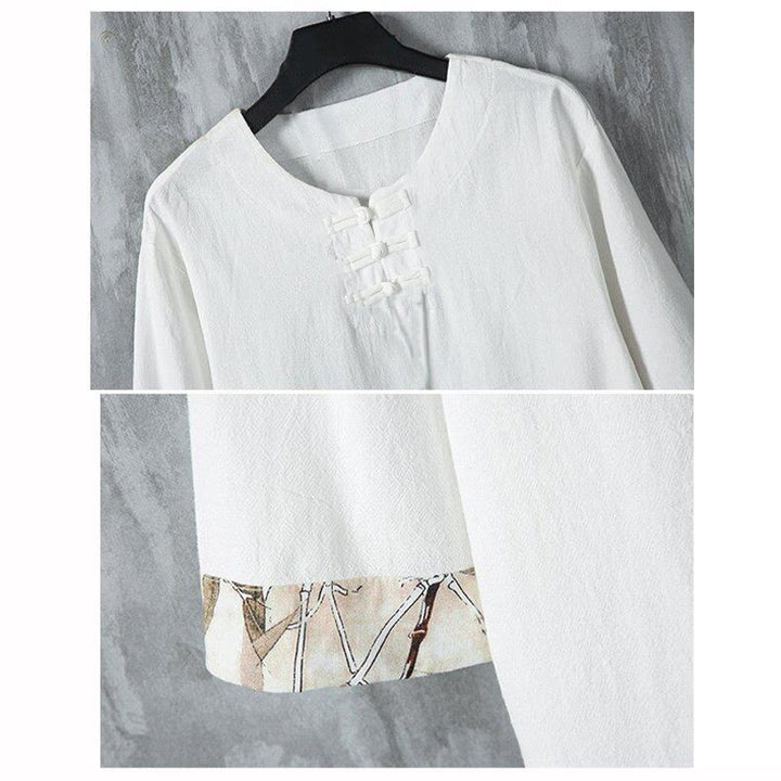 Koszula męska z lnianego materiału Buddha Stones Summer Frog-Button Yellow Bamboo Leaves Half Sleeve - image 4