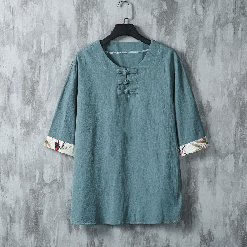 Koszula męska z lnianego materiału Buddha Stones Summer Frog-Button Yellow Bamboo Leaves Half Sleeve - Ciemnocyjanowy - US/UK/AU46， EU56 (5XL) - image 0