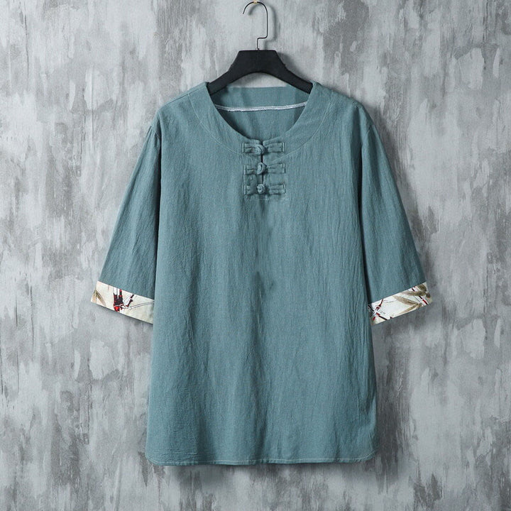 Koszula męska z lnianego materiału Buddha Stones Summer Frog-Button Yellow Bamboo Leaves Half Sleeve - Ciemnocyjanowy - US/UK/AU46， EU56 (5XL) - image 0