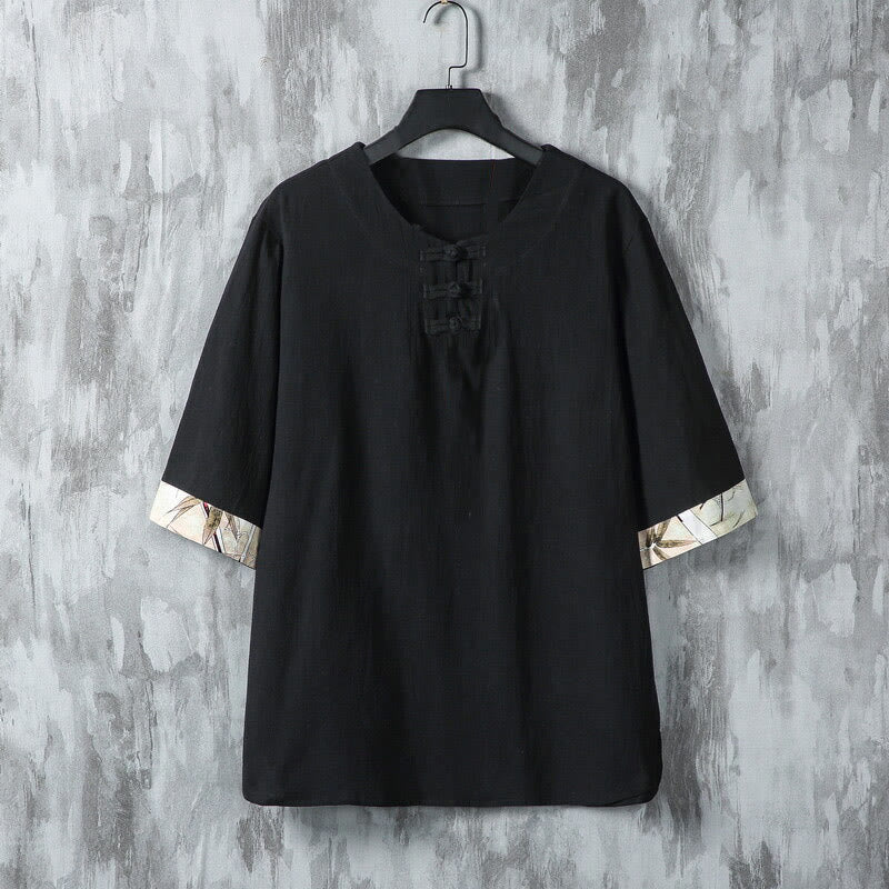 Koszula męska z lnianego materiału Buddha Stones Summer Frog-Button Yellow Bamboo Leaves Half Sleeve - Czarny - US/UK/AU46， EU56 (5XL) - image 6