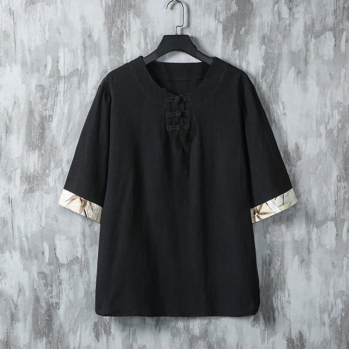 Koszula męska z lnianego materiału Buddha Stones Summer Frog-Button Yellow Bamboo Leaves Half Sleeve - Czarny - US/UK/AU46， EU56 (5XL) - image 6