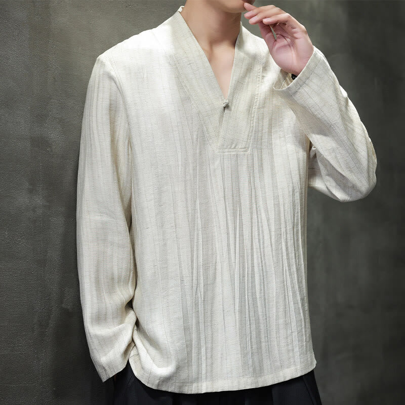 Koszula męska lniana z długim rękawem i dekoltem w serek Buddha Stones - image 10