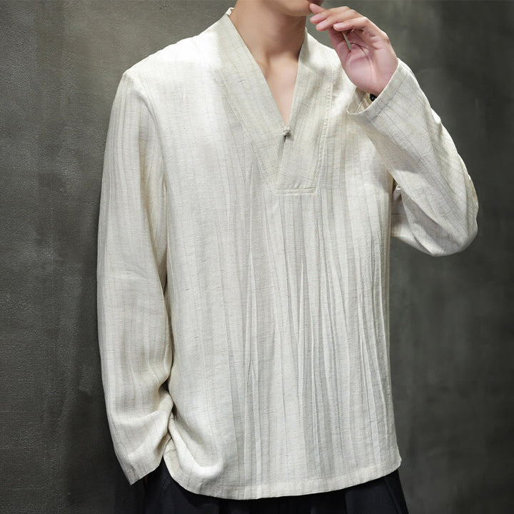 Koszula męska lniana z długim rękawem i dekoltem w serek Buddha Stones - image 10