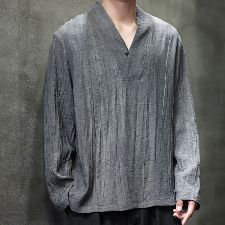 Koszula męska lniana z długim rękawem i dekoltem w serek Buddha Stones - Szary - US/UK/AU46， EU56 (5XL) - image 0