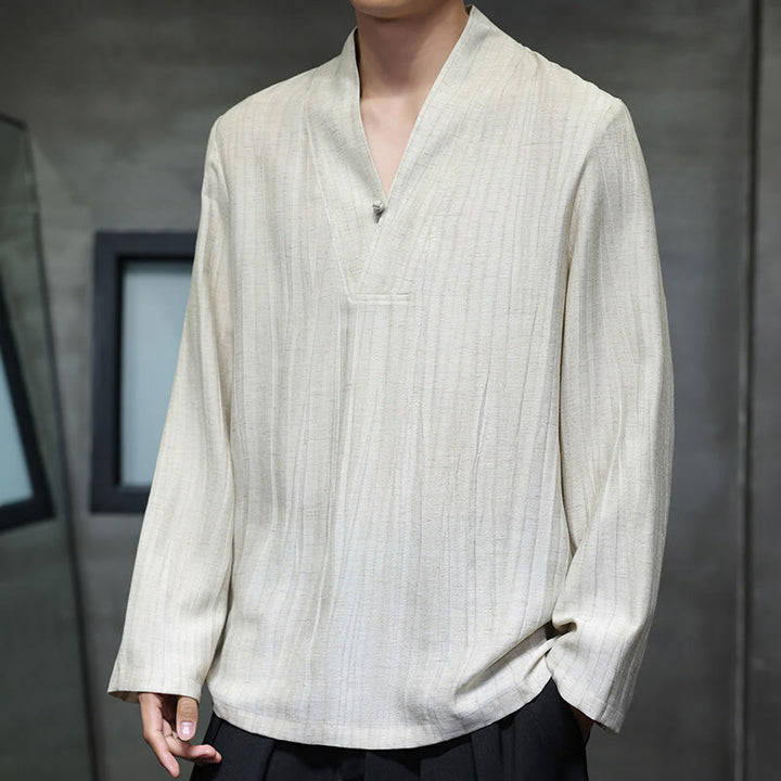 Koszula męska lniana z długim rękawem i dekoltem w serek Buddha Stones - image 11