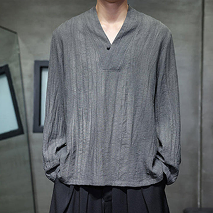 Koszula męska lniana z długim rękawem i dekoltem w serek Buddha Stones - image 3