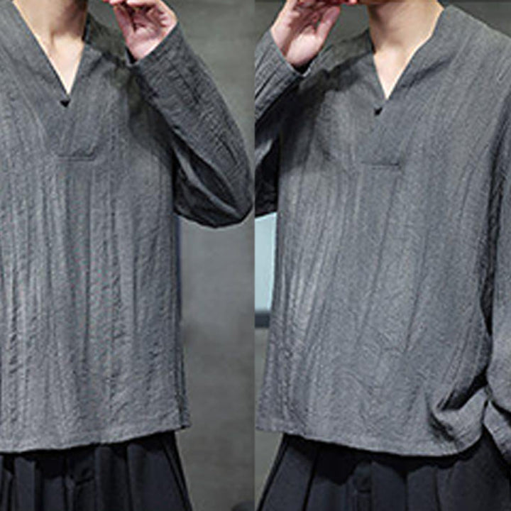 Koszula męska lniana z długim rękawem i dekoltem w serek Buddha Stones - image 8