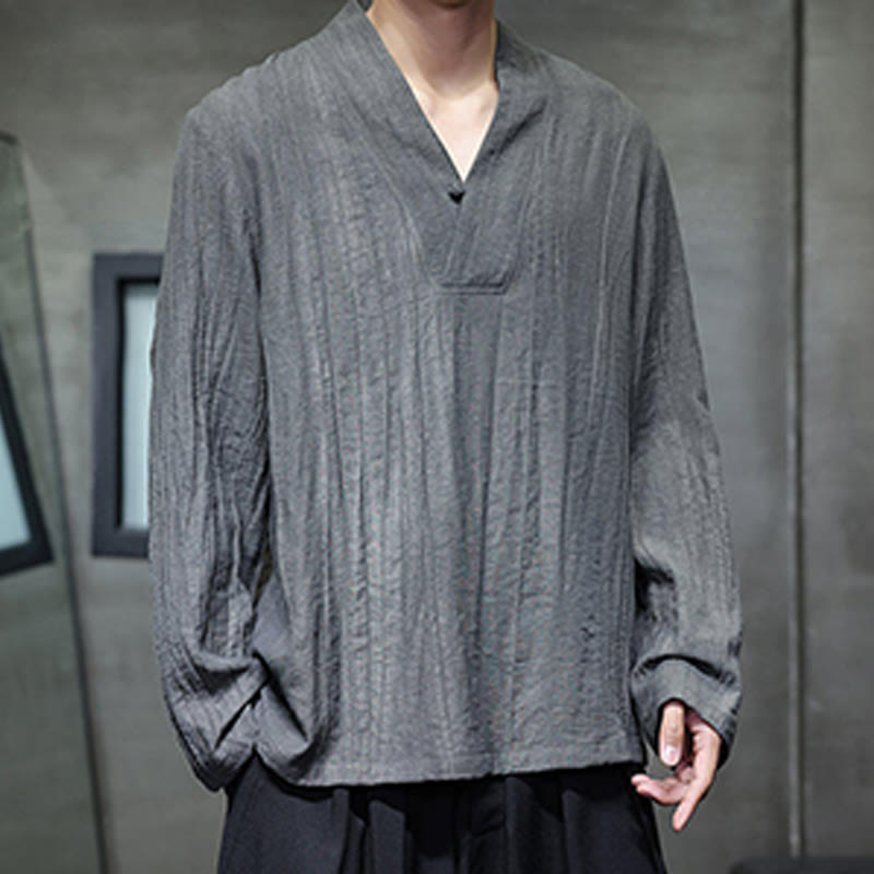 Koszula męska lniana z długim rękawem i dekoltem w serek Buddha Stones - image 7