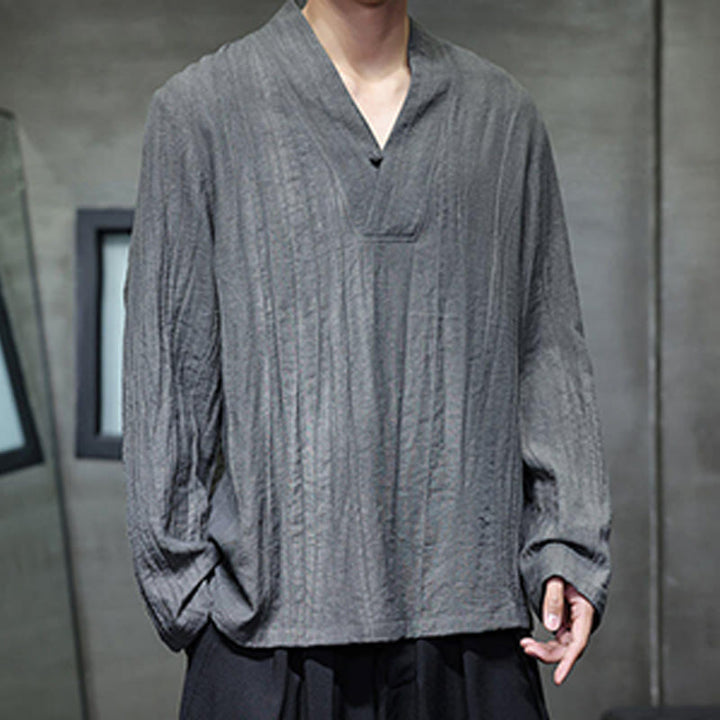 Koszula męska lniana z długim rękawem i dekoltem w serek Buddha Stones - image 7