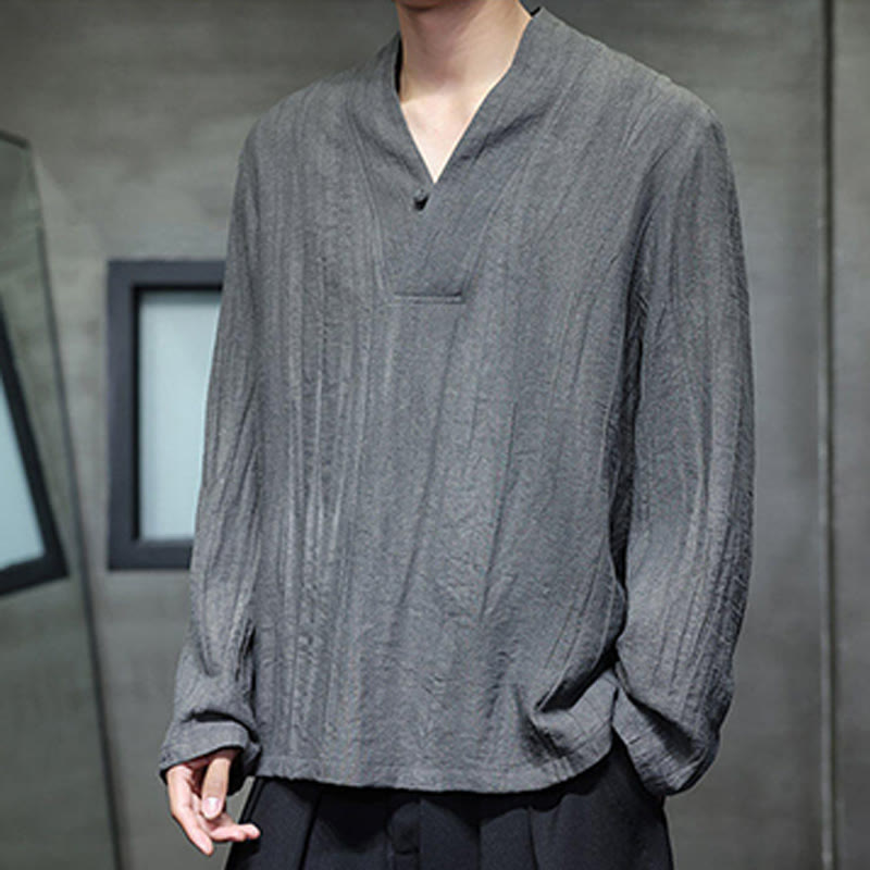 Koszula męska lniana z długim rękawem i dekoltem w serek Buddha Stones - image 4