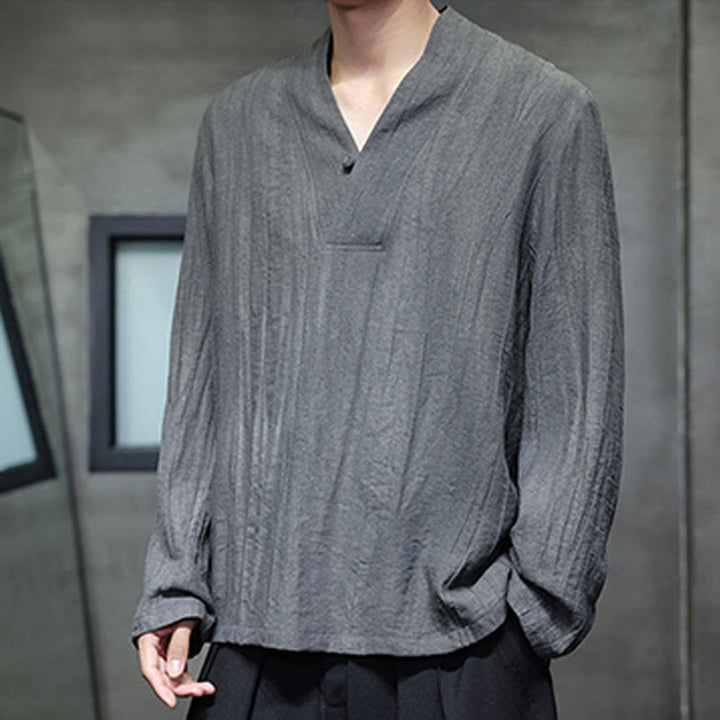 Koszula męska lniana z długim rękawem i dekoltem w serek Buddha Stones - image 4