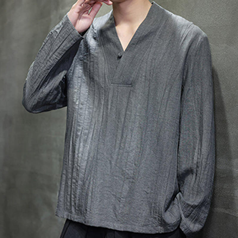 Koszula męska lniana z długim rękawem i dekoltem w serek Buddha Stones - image 5