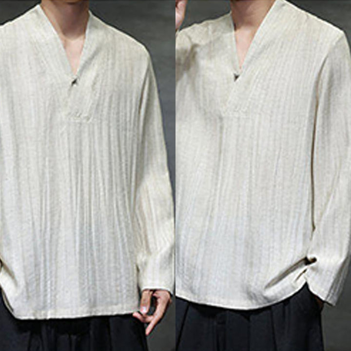 Koszula męska lniana z długim rękawem i dekoltem w serek Buddha Stones - image 14