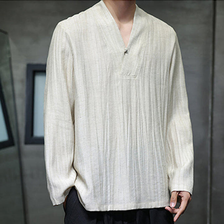 Koszula męska lniana z długim rękawem i dekoltem w serek Buddha Stones - image 13