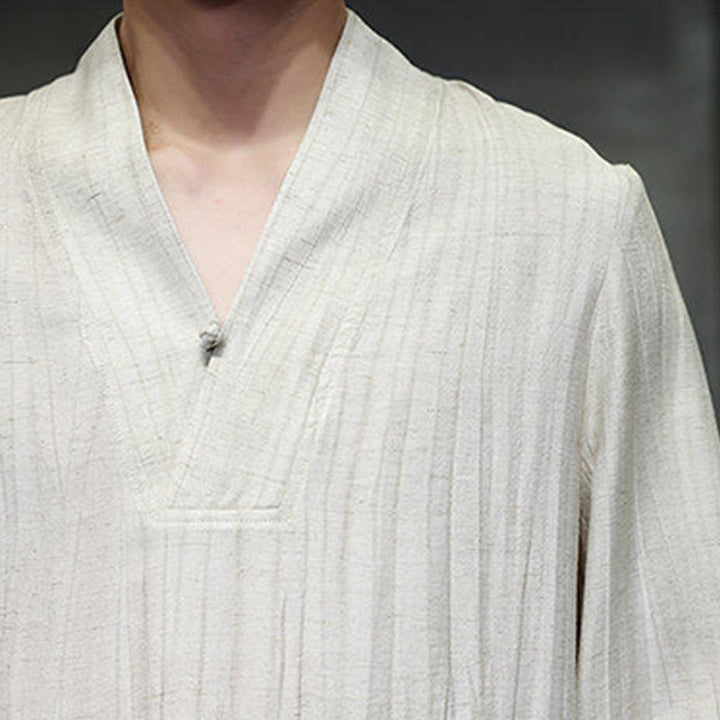 Koszula męska lniana z długim rękawem i dekoltem w serek Buddha Stones - image 18