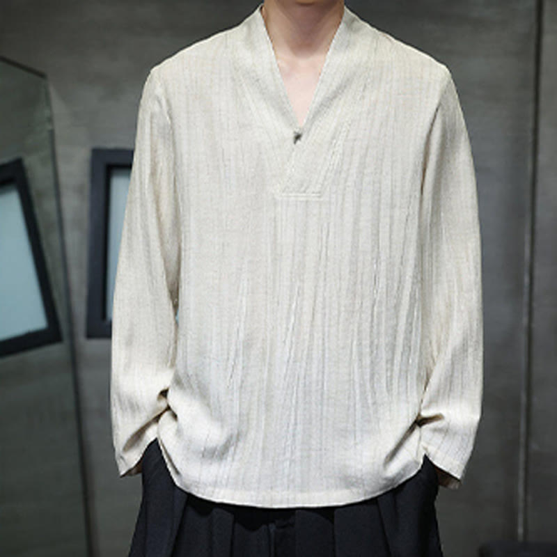 Koszula męska lniana z długim rękawem i dekoltem w serek Buddha Stones - image 12