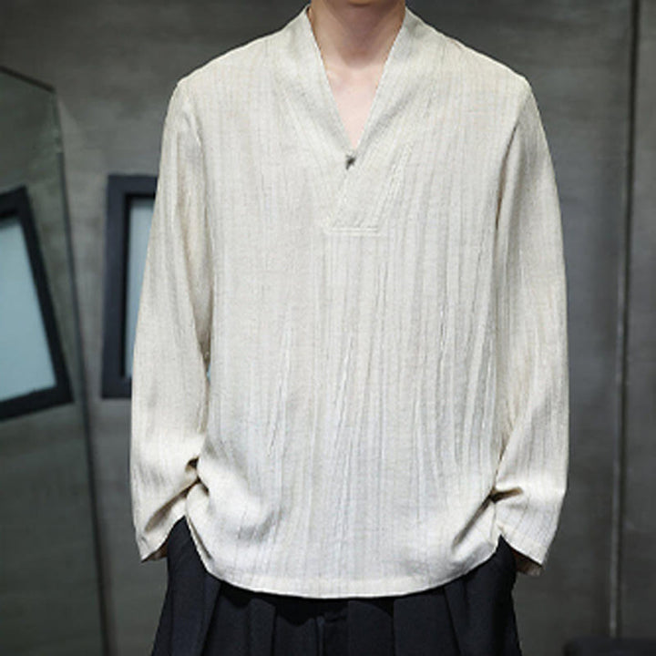 Koszula męska lniana z długim rękawem i dekoltem w serek Buddha Stones - image 12