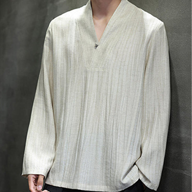 Koszula męska lniana z długim rękawem i dekoltem w serek Buddha Stones - image 15