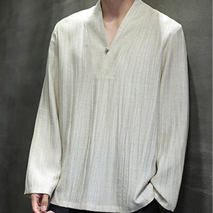 Koszula męska lniana z długim rękawem i dekoltem w serek Buddha Stones - image 15