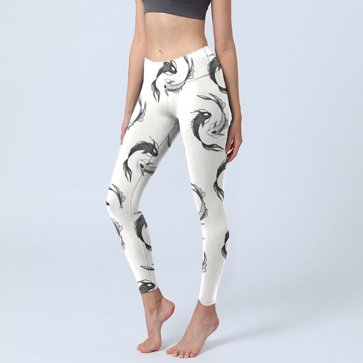 Buddha Stones YinYang Koi Wzór Ryby Nadruk Leginsy Siłownia Damskie Spodnie Do Jogi - Biały - US18, UK/AU22, EU50 (4XL) - image 1
