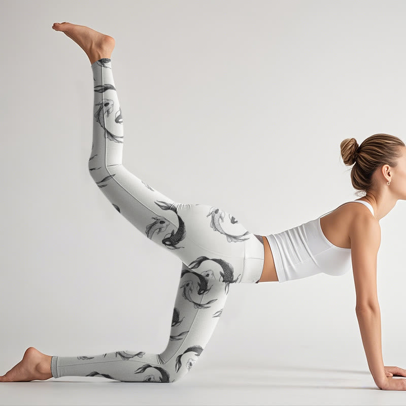 Buddha Stones YinYang Koi Wzór Ryby Nadruk Leginsy Siłownia Damskie Spodnie Do Jogi - image 7