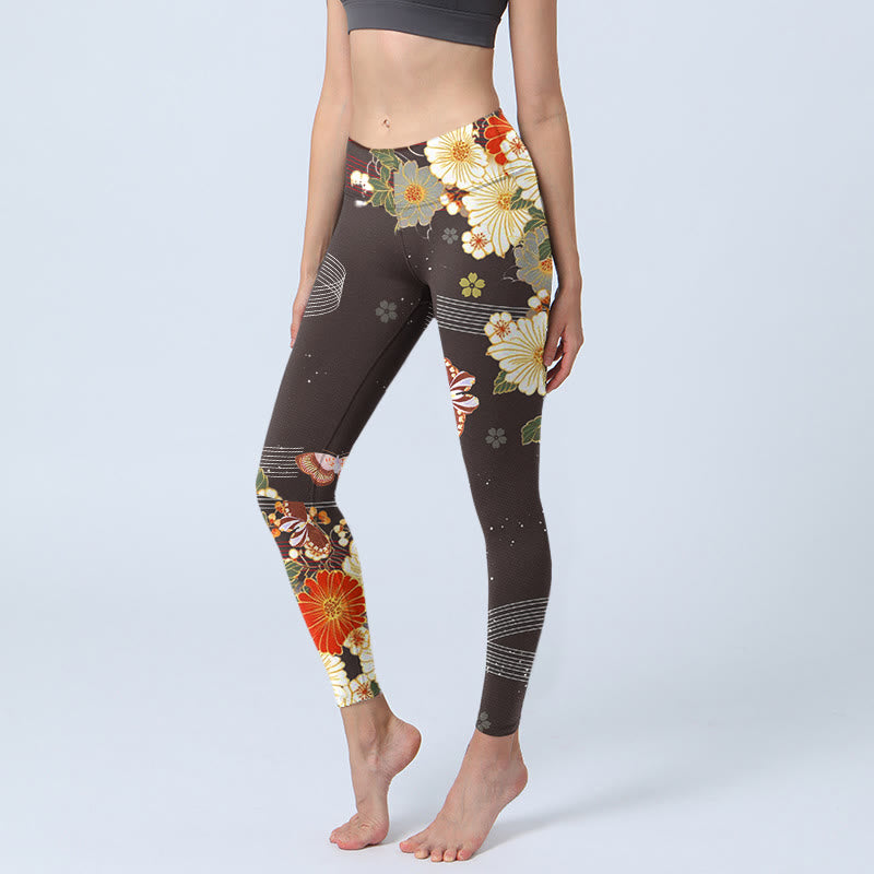 Buddha Stones Kwiatowy Motyl Wzór Nadruk Legginsy Siłownia Damskie Spodnie Do Jogi - SaddleBrown - US18, UK/AU22, EU50 (4XL) - image 1