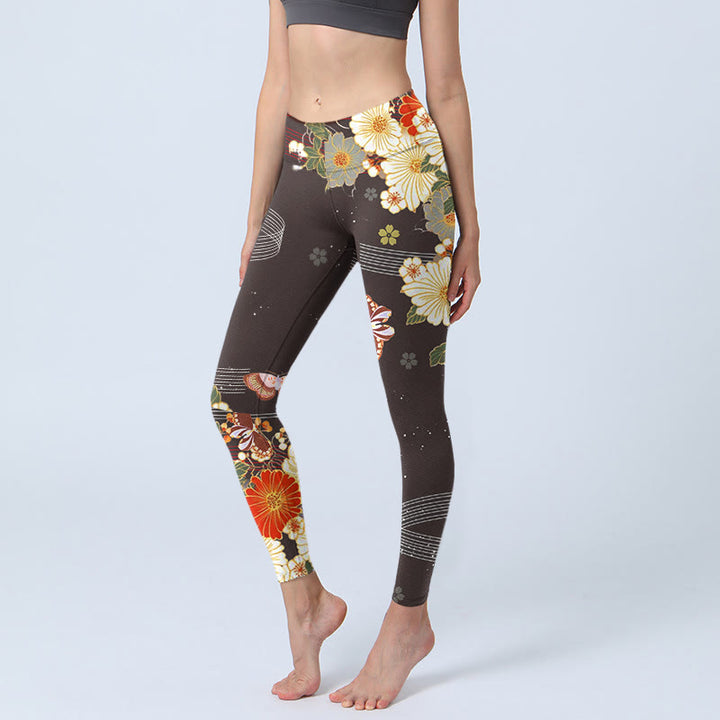 Buddha Stones Kwiatowy Motyl Wzór Nadruk Legginsy Siłownia Damskie Spodnie Do Jogi - SaddleBrown - US18, UK/AU22, EU50 (4XL) - image 1