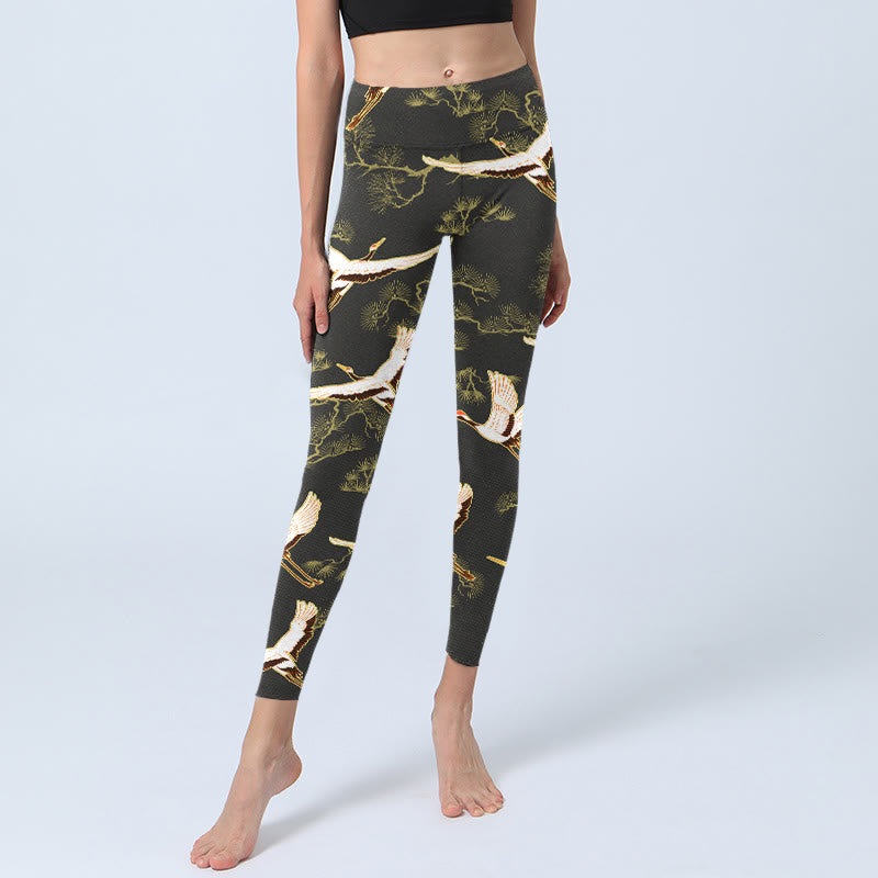 Buddha Stones Wznoszący się Żuraw Sosna Wzór Nadruk Leginsy Siłownia Damskie Spodnie Do Jogi - image 5