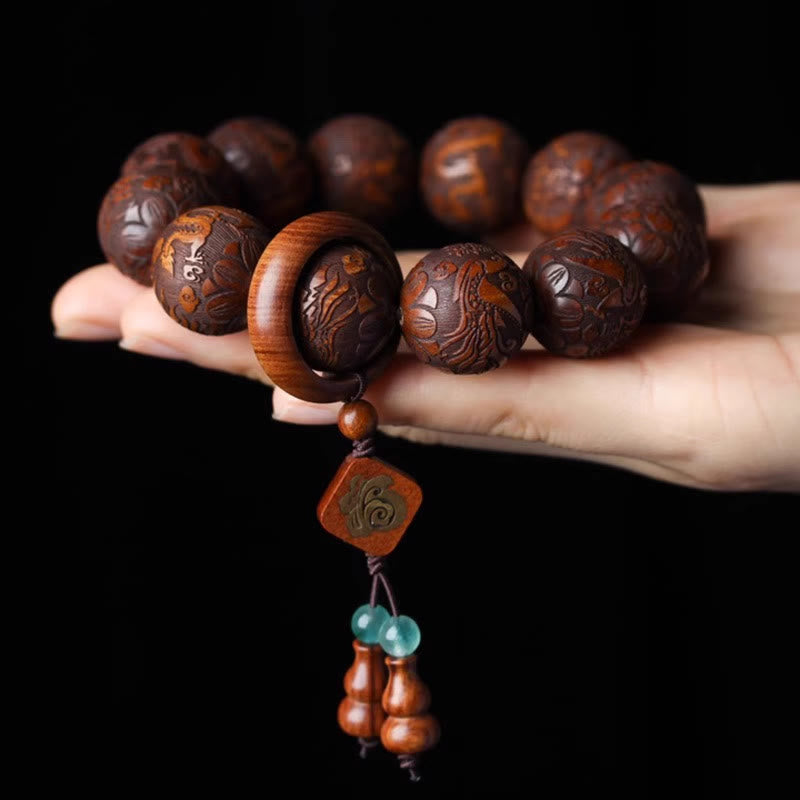 Buddha Stones Naturalne Rzeźbienie Smoka I Feniksa Fu Charakter Tykwy Palisander Koraliki Ciepła Bransoletka