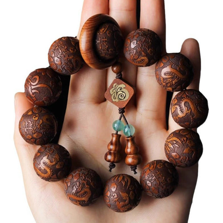 Buddha Stones Naturalne Rzeźbienie Smoka I Feniksa Fu Charakter Tykwy Palisander Koraliki Ciepła Bransoletka