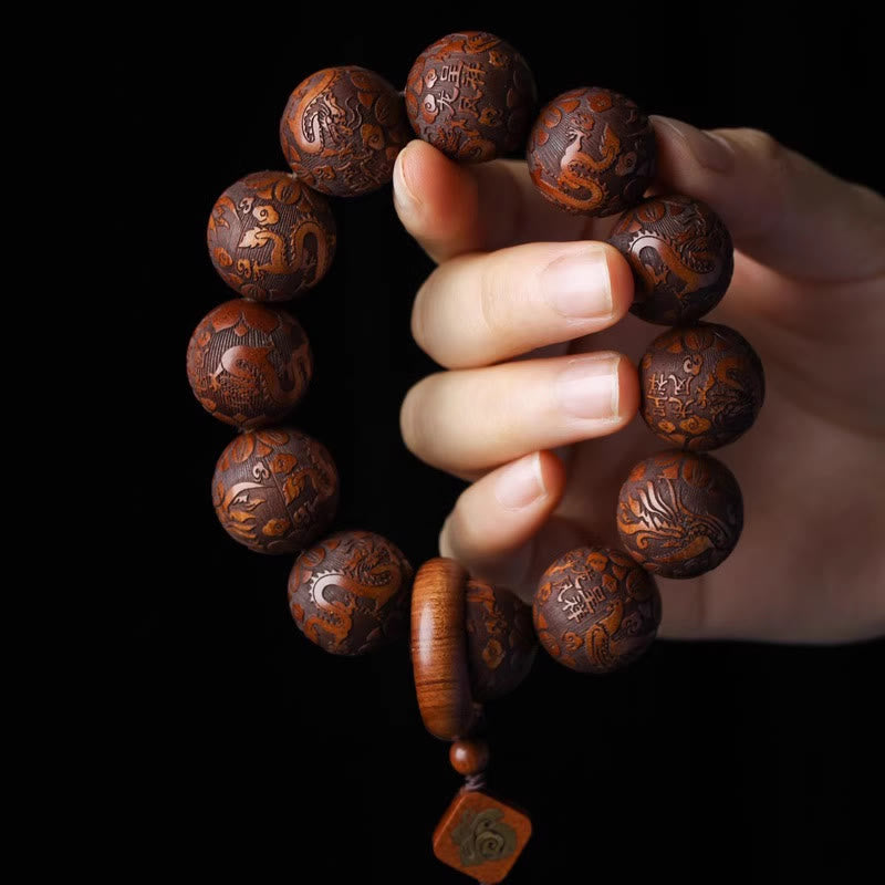 Buddha Stones Naturalne Rzeźbienie Smoka I Feniksa Fu Charakter Tykwy Palisander Koraliki Ciepła Bransoletka