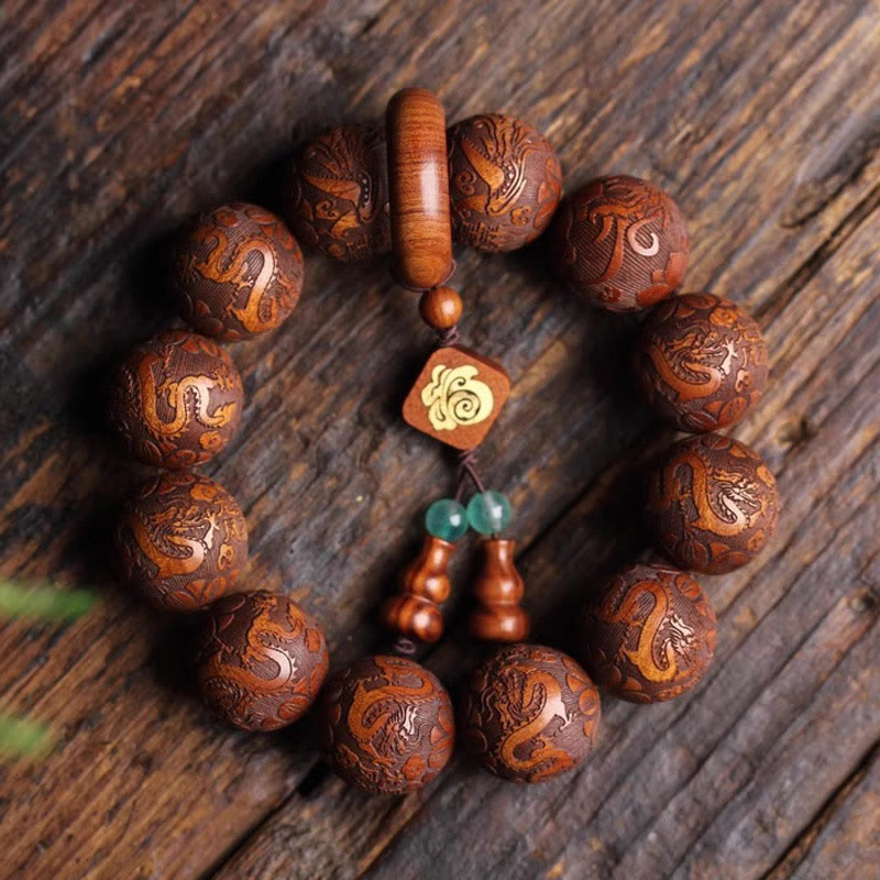 Buddha Stones Naturalne Rzeźbienie Smoka I Feniksa Fu Charakter Tykwy Palisander Koraliki Ciepła Bransoletka