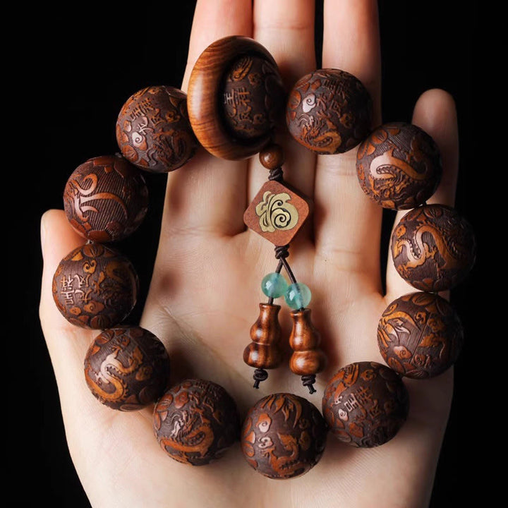 Buddha Stones Naturalne Rzeźbienie Smoka I Feniksa Fu Charakter Tykwy Palisander Koraliki Ciepła Bransoletka